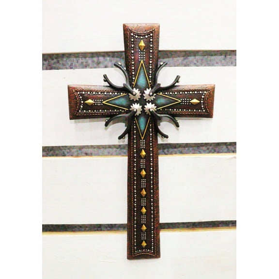 18"H Rustic Western Cowboy Tooled Leather Stars Diamonds Spurs Wall Cross Decor