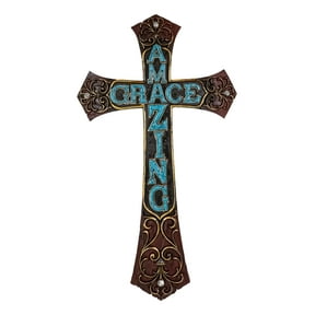 18"H Rustic Western Faux Wooden Amazing Grace Scrollwork Decorative Wall Cross