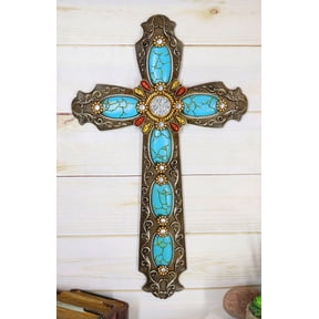 18"H Rustic Western Scroll Lace Wall Cross With Crystals & Turquoise Gemstones