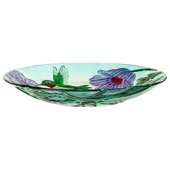 18" Hand Painted and Embossed Glass Bird Bath, Hummingbird Oasis