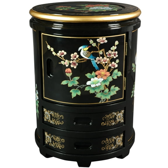 18" Handpainted Black Lacquer Stool Cabinet - Landscape