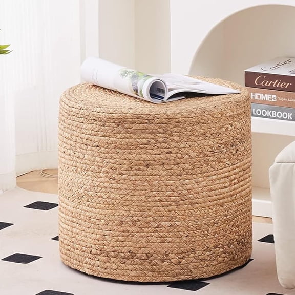 18" Handwoven Ottoman Pouf – Natural Braided Boho Footrest Stool, Rustic Accent Footstool & Side Table for Living Room or Bedroom Natural Water Hyacinth Braid