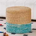 thumbnail image 1 of 18" Handwoven Ottoman Pouf – Natural Braided Boho Footrest Stool, Rustic Accent Footstool & Side Table for Living Room or Bedroom Natural Water Hyacinth + Lake Blue Corn Husk, 1 of 6