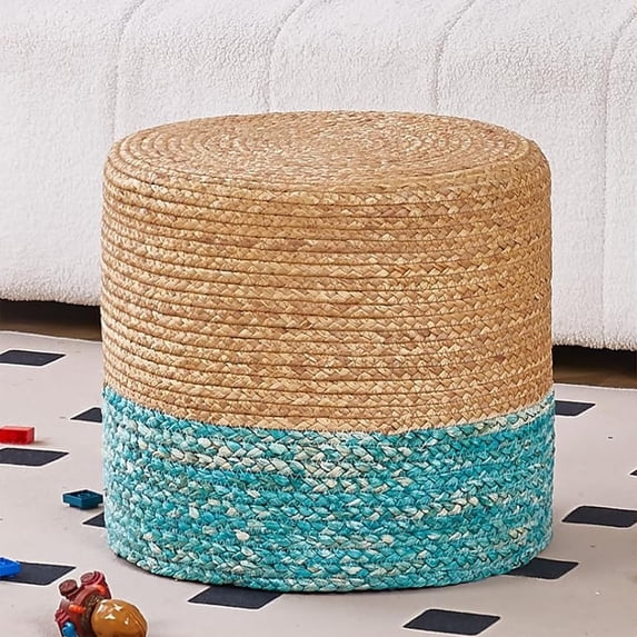 18" Handwoven Ottoman Pouf – Natural Braided Boho Footrest Stool, Rustic Accent Footstool & Side Table for Living Room or Bedroom Natural Water Hyacinth + Lake Blue Corn Husk