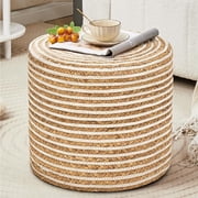 18" Handwoven Ottoman Pouf   Natural Braided Boho Footrest Stool, Rustic Accent Footstool & Side Table for Living Room or Bedroom Natural Water Hyacinth + White Cotton Rope