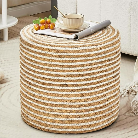18" Handwoven Ottoman Pouf – Natural Braided Boho Footrest Stool, Rustic Accent Footstool & Side Table for Living Room or Bedroom Natural Water Hyacinth + White Cotton Rope
