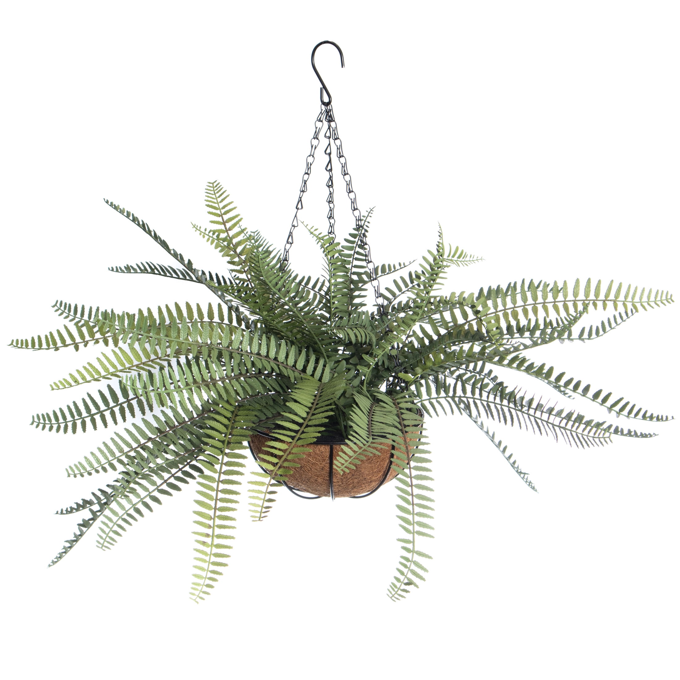18" Green Faux Fern Hanging Basket with Coconut Bark
