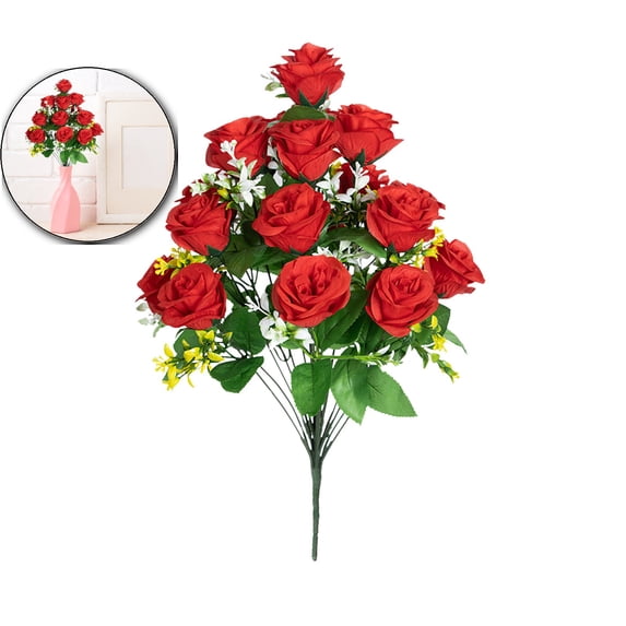 18 Heads Fake Roses Artificial Flowers for Outdoors Spring Valentines Day Decorations, UV Resistant Fake Flower Bouquet Faux Silk Roses for Wedding Home Cemetery Summer Decor