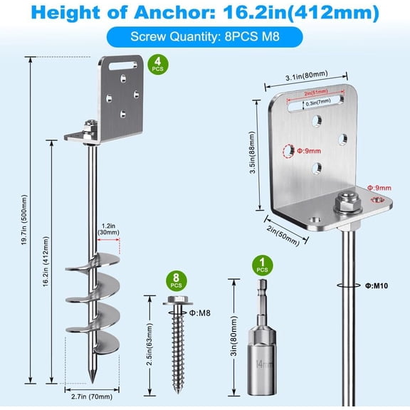 18'' Heavy Duty Ground Anchors 10mm Solid Steel with L Bracket, for Trampoline Mobile Home Swing Set Shed Carport Tent Earth Anchor Fence, 2.7" Helix Blade & Chrome Plated Finish, 4Pack