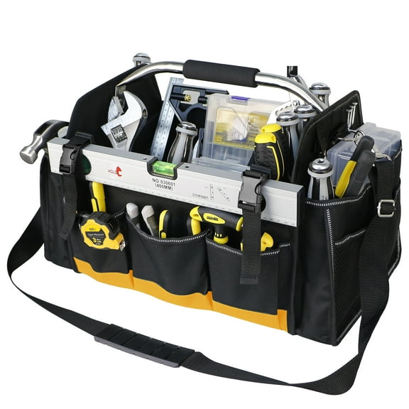 18" Heavy Duty Tool Bag, Open Top Tool Tote for Electricians, 30 Pockets, 1680D Oxford Fabric, Foldable with Rotating Handle, Reflective Tool Bag, Yellow