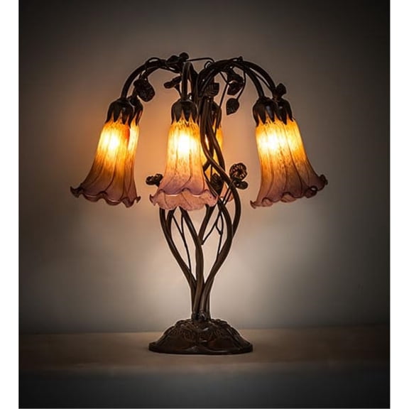 18" High Amber/Purple Tiffany Pond Lily 6 Light Table Lamp