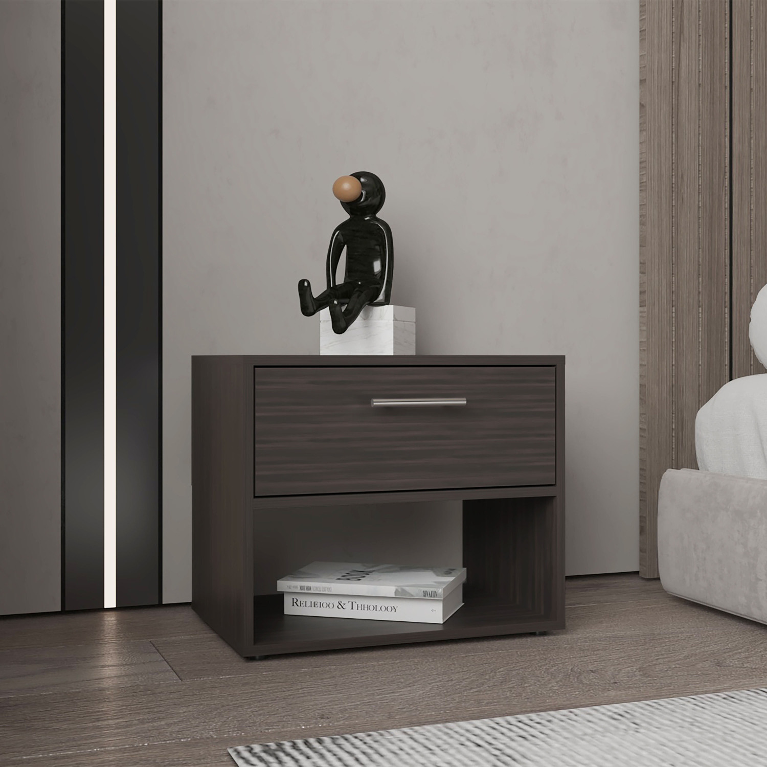18" High Dark Walnut Nightstand with Drawer and Shelf for Bedroom or Living Room
