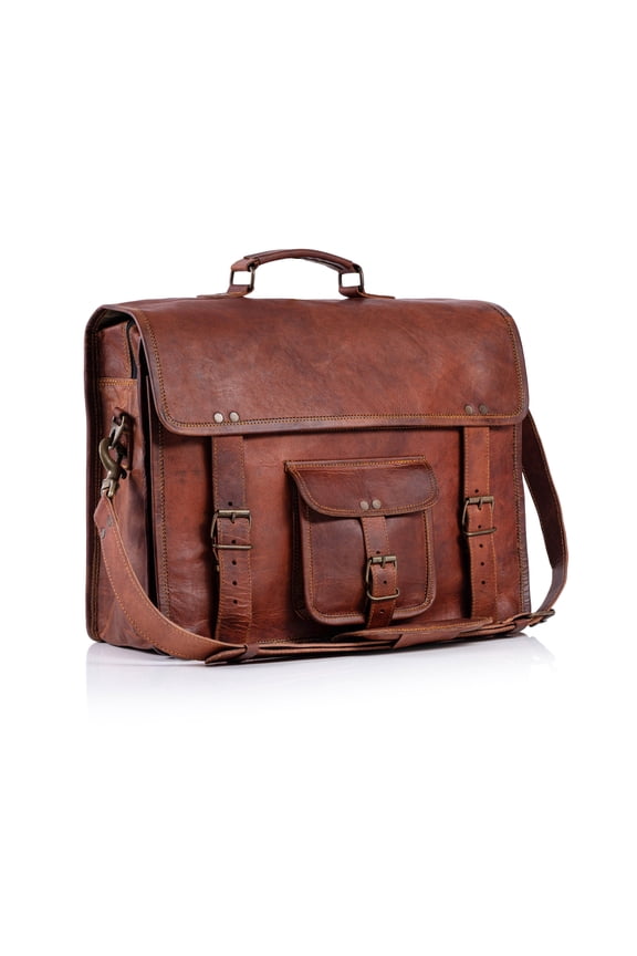 18-Inch Full Grain Leather Laptop Messenger Bag – Office Briefcase Satchel for Men and Women with Adjustable Strap and Lockable Compartments