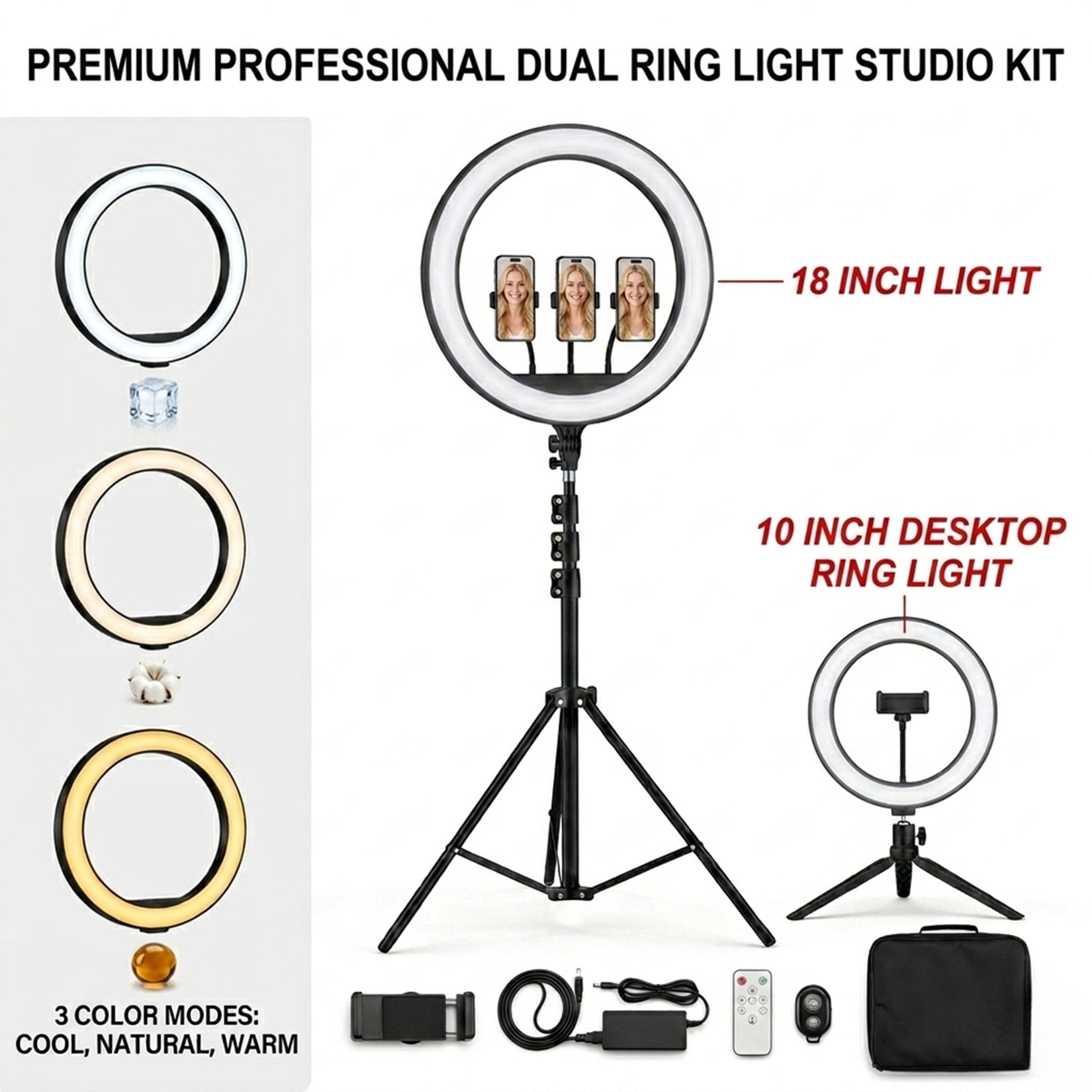 18 Inch and 10 Inch LED Ring Light Kit with Tripod Stand, Wireless Remote Control, 4 Phone Holders, 3 Color Modes, 10 Brightness Levels, USB Desk Light for Selfie Photography and Video Lighting