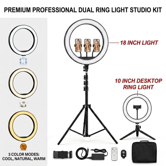 18 Inch and 10 Inch LED Ring Light Kit with Tripod Stand, Wireless Remote Control, 4 Phone Holders, 3 Color Modes, 10 Brightness Levels, USB Desk Light for Selfie Photography and Video Lighting