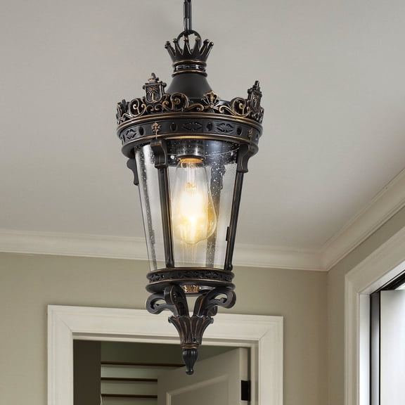 18 Inch Antique Crown Outdoor Hanging Lantern Waterproof Vintage Pendant Light Ornate Metal Clear Glass Patio Garden Porch Entryway One Piece  (No Bulb)