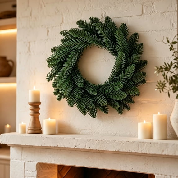 16 Inch Artificial Christmas Wreath, Full Realistic Pine Needle Wreath, Classic Green Holiday Wreath for Front Door, Window, Wall, A