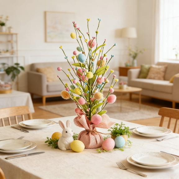 18-Inch Artificial Easter Egg Tree with Berries & Base - Pre-Decorated Spring Table Centerpiece Suitable for Home, Party, Easter Decorations - Realistic Branches with Plastic/Year-Round Tabletop Tree