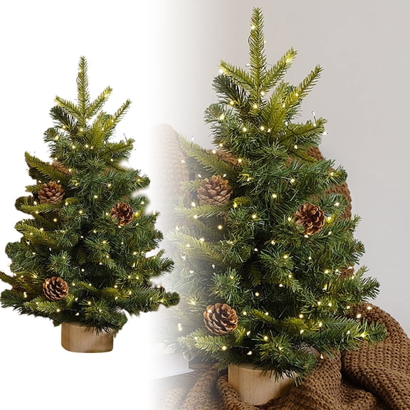 18 Inch Artificial Mini Christmas Tree with Warm White Lights Battery Operated, Thick Snow Flocked Tabletop Christmas Tree with Snowy Branches Base for Home Indoor Xmas Decor