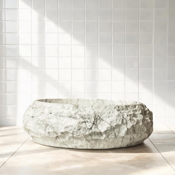 18-Inch Artistic Irregular Vessel Bathroom Sink, Stone Pattern Resin Basin in Linen Beige