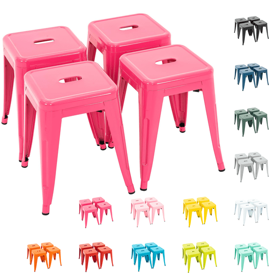 18 Inch Bar Stools Set of 4, Stackable Backless Industrial Metal Barstools for Indoor Outdoor Kitchen Dining Patio Garden Classroom (Hot Pink)