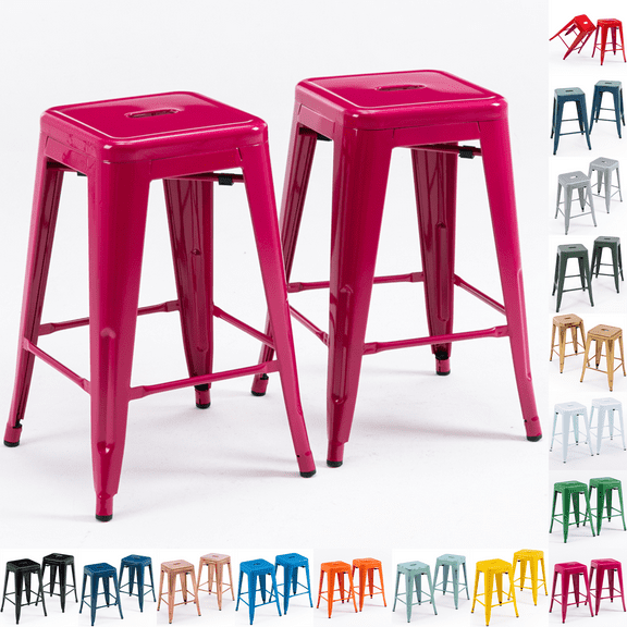 24 Inch Metal Bar Stools Set of 2, Stackable Backless Industrial Stools for Indoor Outdoor Kitchen Dining Patio Garden Classroom (Hot Pink)