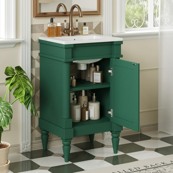 18-Inch Bathroom Vanity with Sink, Small Space Freestanding Storage Cabinet with Ceramic Sink, Retro Vanity with Adjustable Shelf for Compact Bathrooms, Green