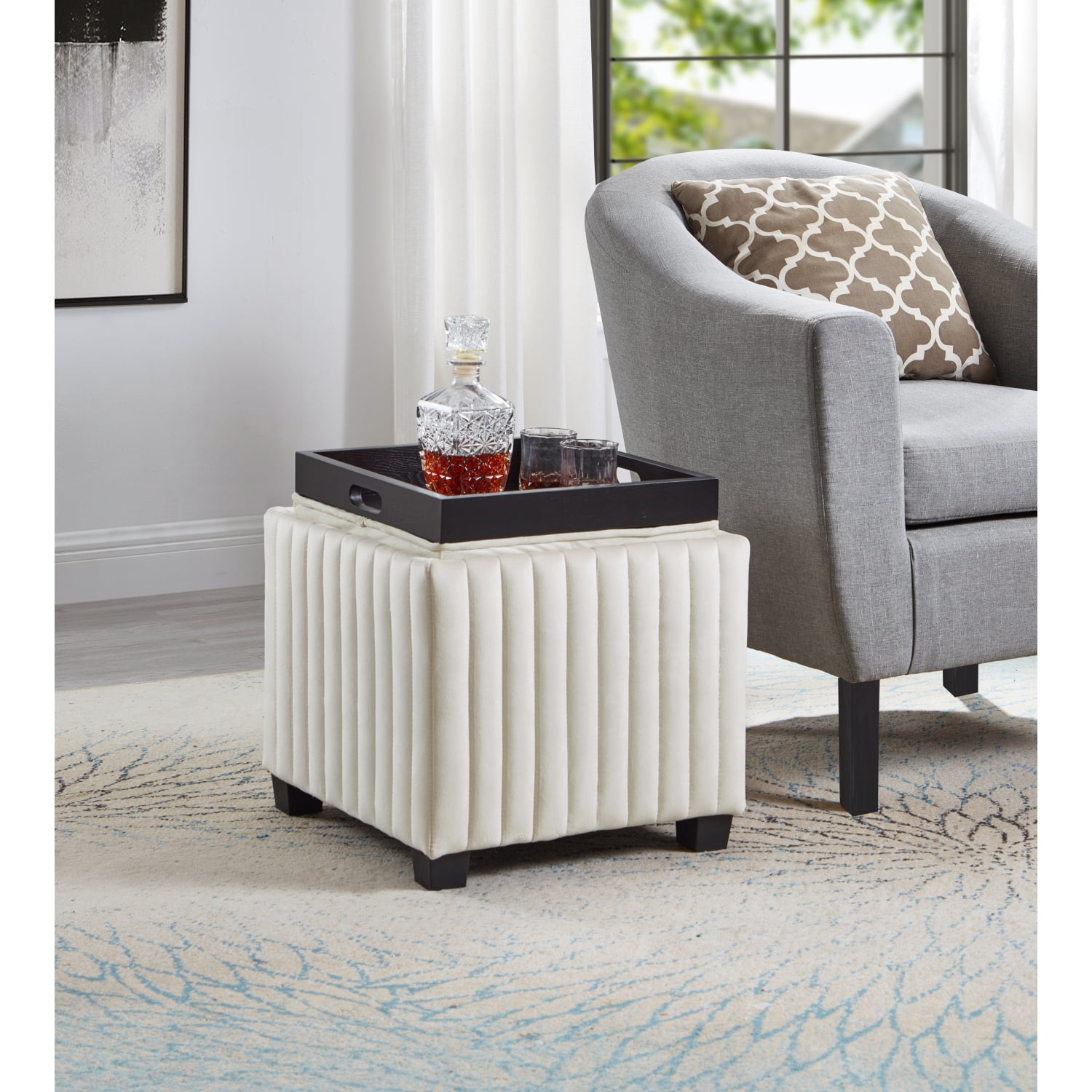 18 Inch Beige Square Cube Storage Ottoman Bench with Coffee Tray for Living Room and Bedroom