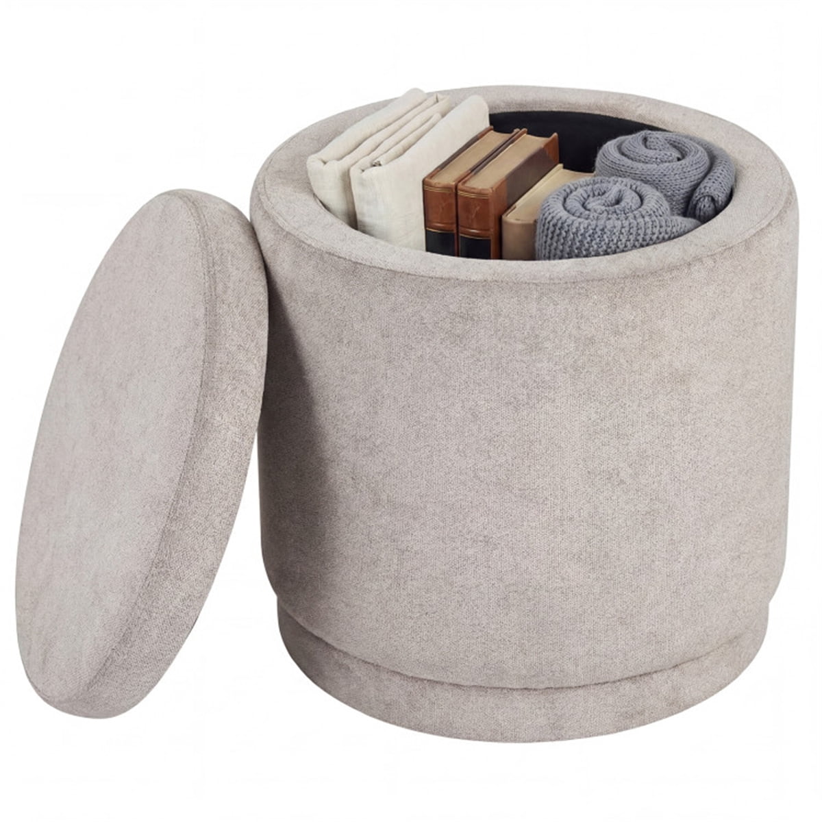 18 Inch Beige Storage Ottoman Foot Rest Acacia Wood Frame