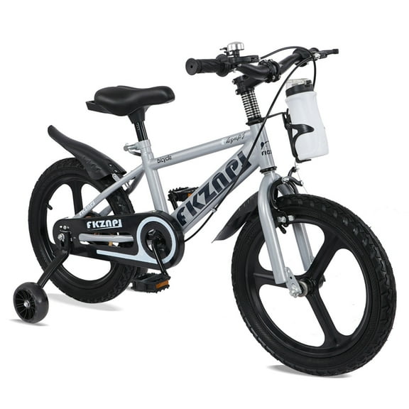 18 Inch Bike with 2 Light Up Training Wheels and Bottle Holder, Steel Frame Bicycle with Adjustable Seat and Safety Brake, for Outdoor, Gray