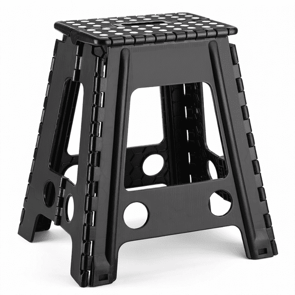 18 Inch Black Folding Step Stool, Heavy Duty Portable Collapsible Plastic Foot Stool with Non-Slip Surface and Built-in Handle for Kitchen Bathroom