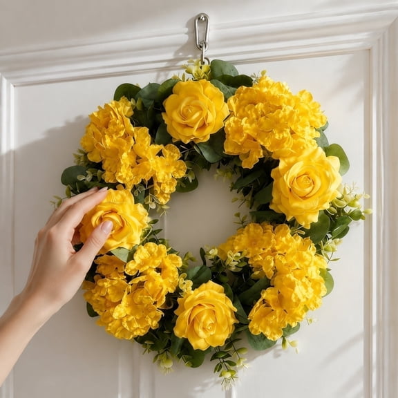 18 Inch Bright Yellow Silk Rose Wreath, Spring Flowers Artificial for Decoration, Wall Decorations for Living Room, Bridal Shower Decorations, Weather Resistant Yellow Floral