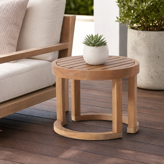 18 Inch Brown Wash Acacia Wood Outdoor Side Tabl Solid Round Patio End Table Weather Resistant Accent Table for Pool Porch Backyard Garden Balcony Outdoor Furniture Decor