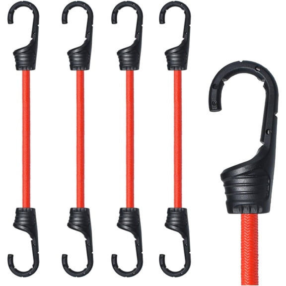 18-Inch Bungee Cords with Hooks Red Elastic Rope Straps for Camping, Bike, Folding Wagon, Trunk etc. [4PCS, Plastic-clad Steel Hook]