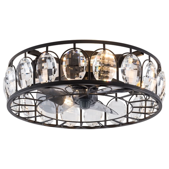 18 Inch Caged Semi Flush Mount Indoor Ceiling Fan with Light and Remote Control , Crystal 4-Light 3 Blades Chandelier Fan Ceiling Light Fixture Black