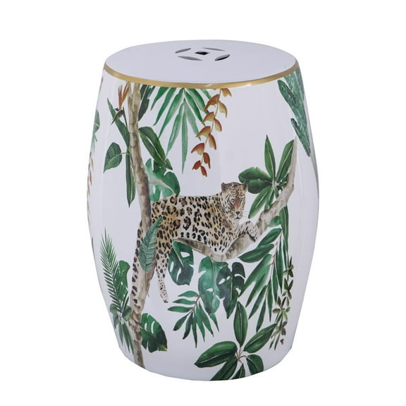 18 Inch Ceramic Accent Table, Drum Shape, Tropical Print, White, Green- Saltoro Sherpi