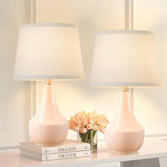 18 Inch Ceramic Table Lamp Set of 2 with Rocker Switch and Pink LED Bulbs