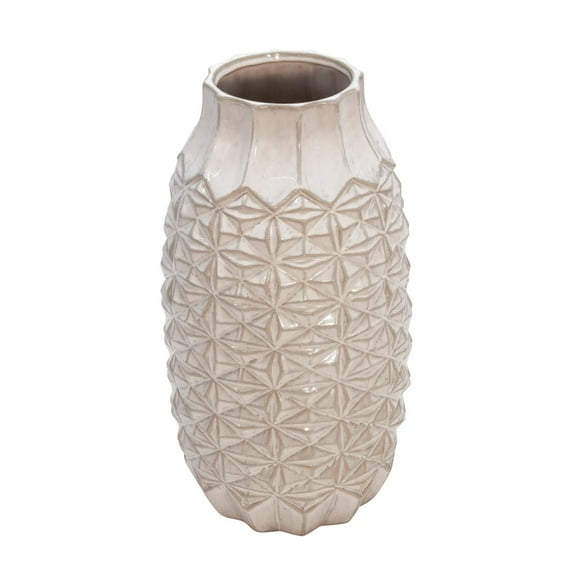 18 Inch Ceramic Vase with Embossed Tribal Pattern, Gray- Saltoro Sherpi