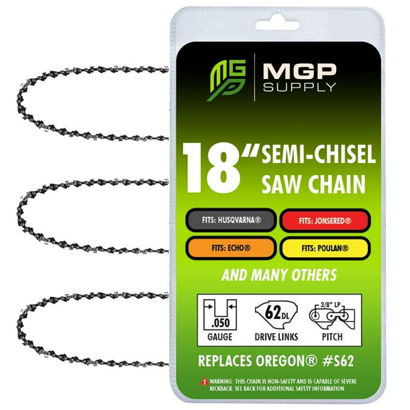 18 Inch Chainsaw Chain 3 Pack | 3/8" LP Pitch, .050" Gauge, 62 Drive Links | Fits Echo, Stihl, Ego | Replacement for Oregon and Husqvarna Chainsaw Chain