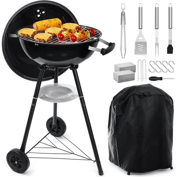 18 Inch Charcoal Grill,  2-In-1 Kettle Outdoor Barbecue Grill, Portable Black BBQ Grill for Camping/Backyard/Patio/Picnic, Porcelain-Enameled Lid & Fire Bowl, 254.SQ.IN Cooking Area, 13-Piece