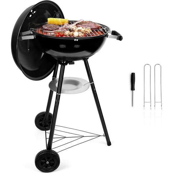 18 Inch Charcoal Grill, Black Kettle Outdoor Barbecue Grill, 2-In-1 Portable BBQ Grill with Wheels for Camping Backyard Patio Picnic, Porcelain-Enameled Lid & Fire Bowl, 254.SQ.IN Cooking Area