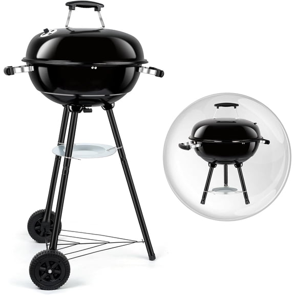18 Inch Charcoal Grill, Portable Barbecue Kettle Grill, Round Smoker with Wheels and Porcelain-Enameled Lid for Outdoor Cooking, Camping, Backyard and Beach, Black