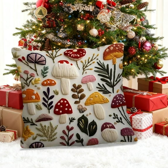18 Inch Christmas Short Lint Pillow Cover, Cute Embroidery Multicolor Throw Pillowcase, Soft Accent Cushion Cover for Sofa Bedroom Living Room, Festive Rustic Home Decoration for Holiday Season
