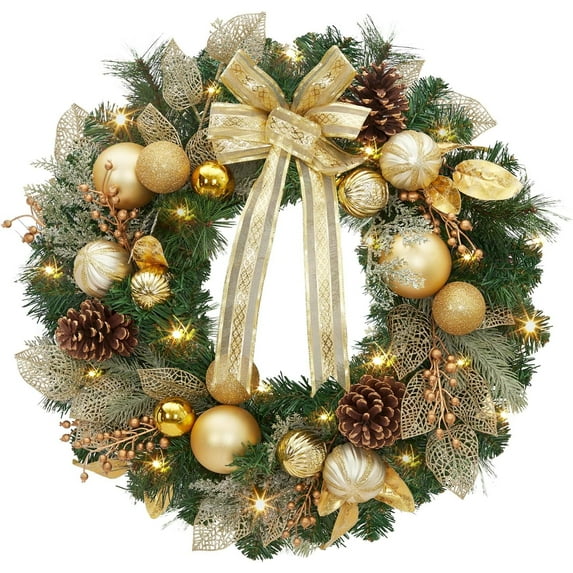 18 Inch Christmas Wreath, Pre-Lit Battery Powered Xmas Wreath for Front Door with Gold Bowknot, Artificial Pre-Decorated Holiday Accent with Ball Ornaments, Ribbons, Pine Cones