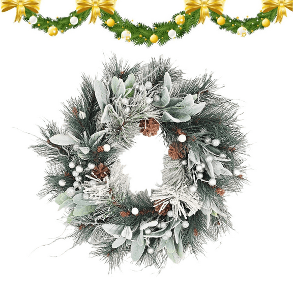 18 Inch Christmas Wreaths for Front Door, White Winter Wreath with Berries Pinecones Snowflakes for Xmas Winter Holidays Rustic Farmhouse Indoor Outdoor