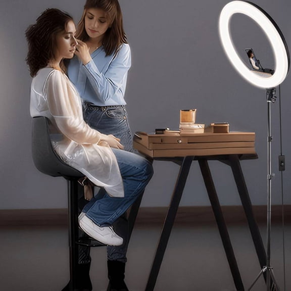 18-Inch Circular LED Ring Light with RGB Color Change – Portable 43/63/90-Inch Extendable Tripod, 1/4" Universal Interface, and 3 Phone Holders – for Product and Fashion Photography