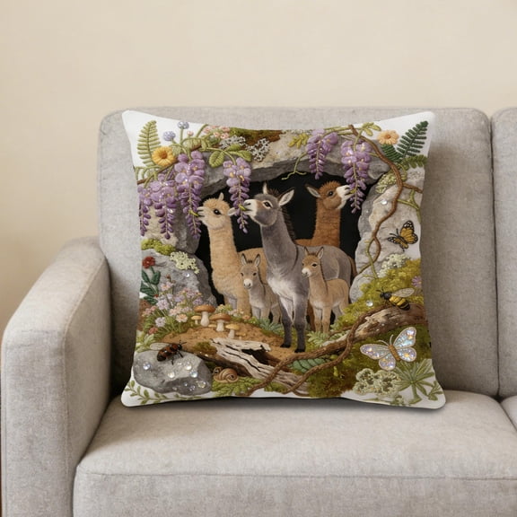 18 Inch Countryside Throw Pillow Cover, Square Decorative Cushion Shell, Simulated Embroidery, Alpaca Donkey Floral Art, Wisteria Cave Wildlife Print for Sofa Living Room Home Styling Multicolor,A