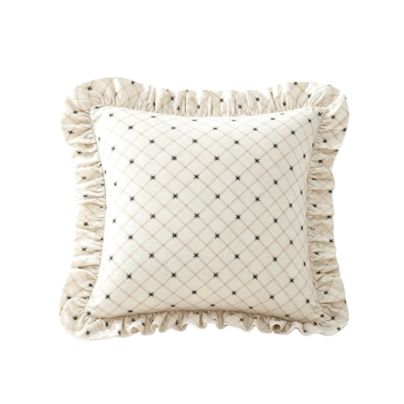 18 Inch Cream Plaid Star Ruffled Edge Square Cotton Throw Pillow