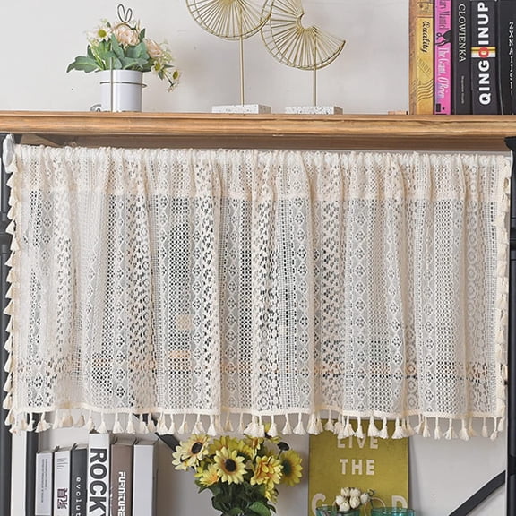 18 Inch Curtain Valance for Kitchen Cafe, Short Boho Sheer Lace Crochet Curtain Knitting with Handmade Macrame Tassels for Dinning Room, Vintage Chic Home Decor W59 x L18, 1 Panel, Cream