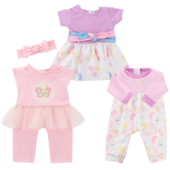 K.T. FANCY Baby Doll Clothes, 3 Set 18 Inch Doll Girl Clothes and Accessories 4 Pcs Include Jumpsuits Skirt Headband (No Dolls)